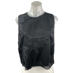 Valette Women's Black Sleeveless Embroidered Floral Eyelet Tank Blouse Top Sz M